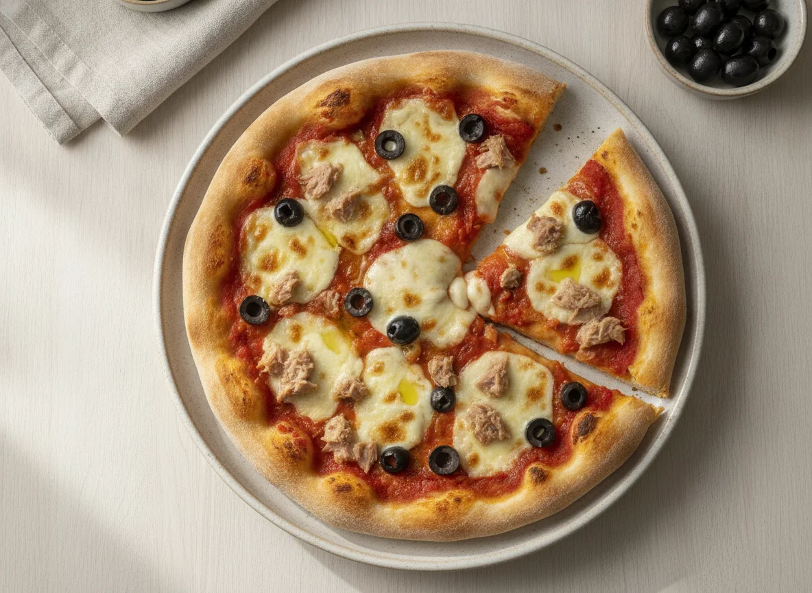 Media pizza casera con atún y aceitunas photo