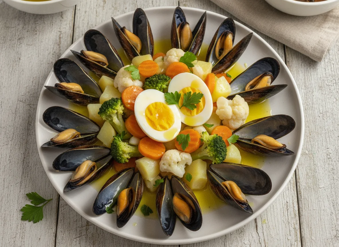 Mejillones al vapor con verduras y huevo cocido photo