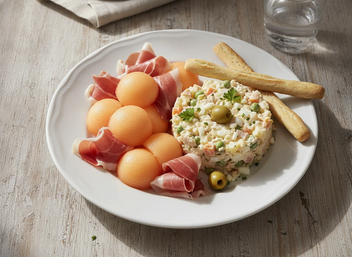 Melón con jamón y ensaladilla photo