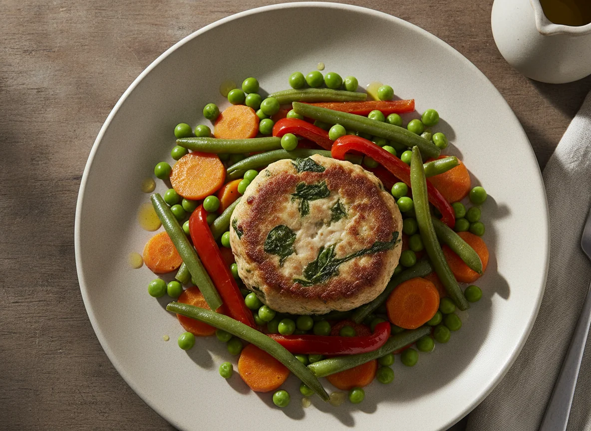 Menestra de verduras con hamburguesa de pollo y espinacas photo