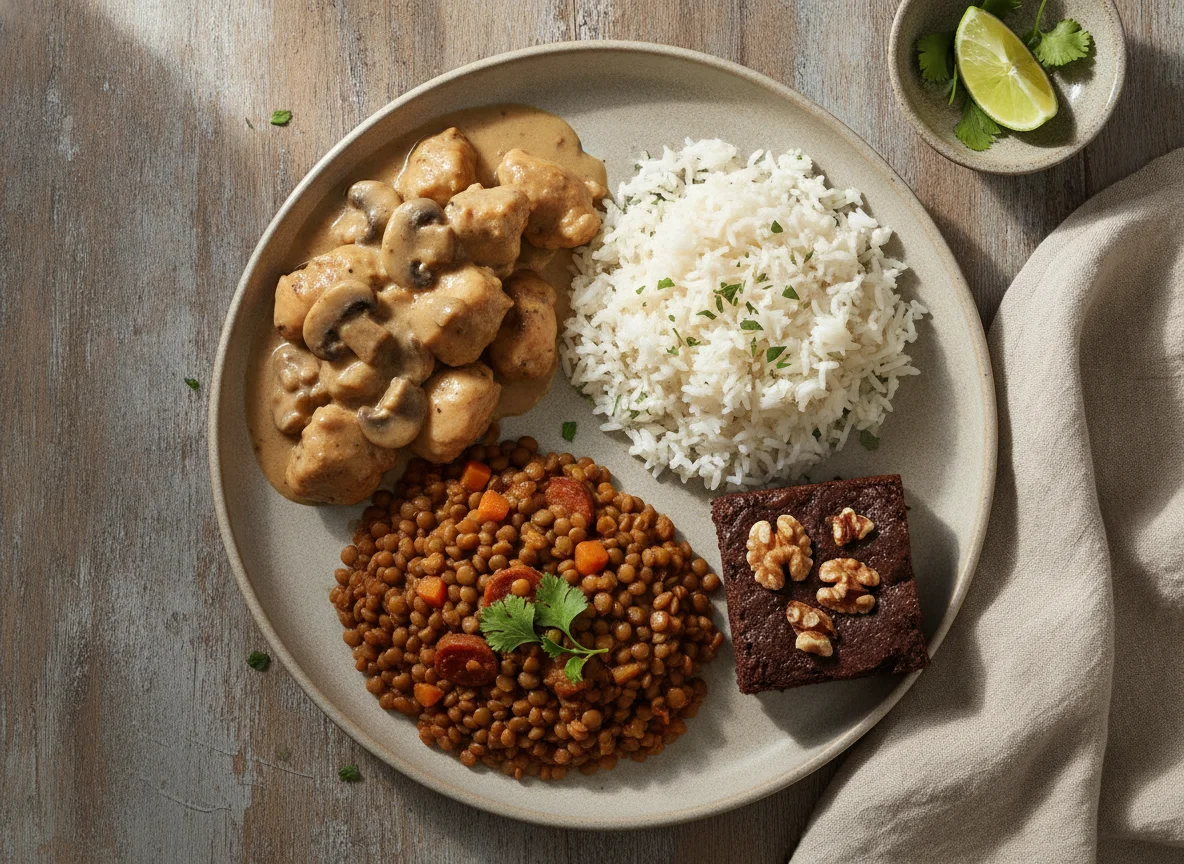 Menú de comedor con pollo en salsa, arroz, lentejas y brownie photo