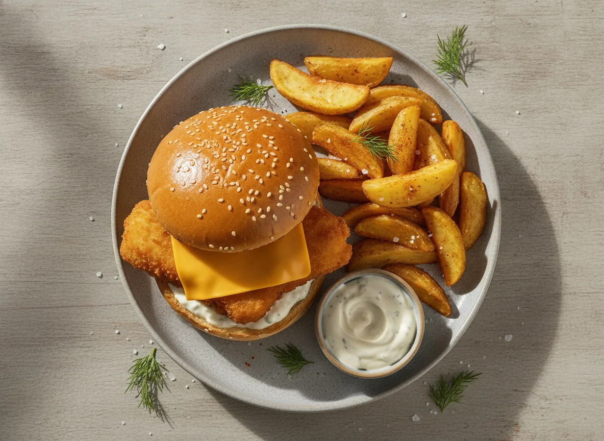Menú de hamburguesa de pescado con patatas gajo photo