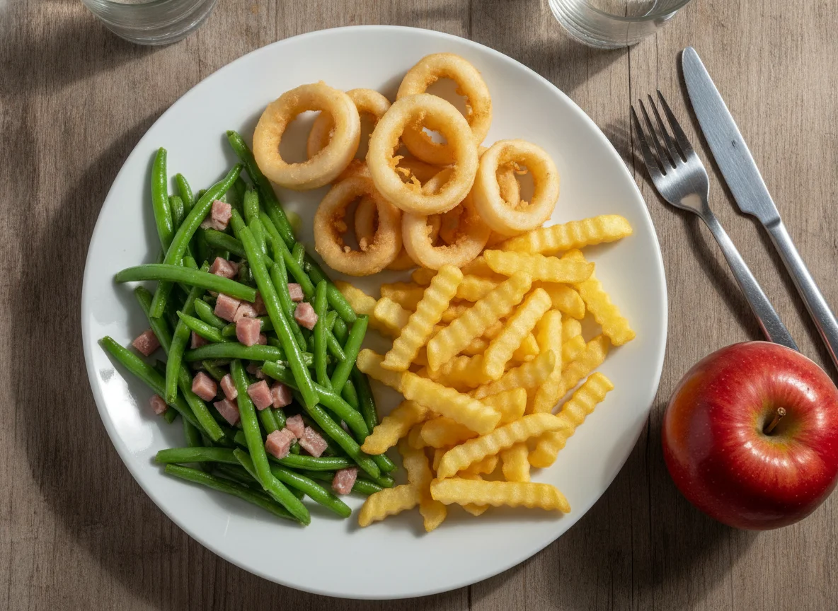 Menú de judías verdes, calamares a la romana, patatas fritas y manzana photo