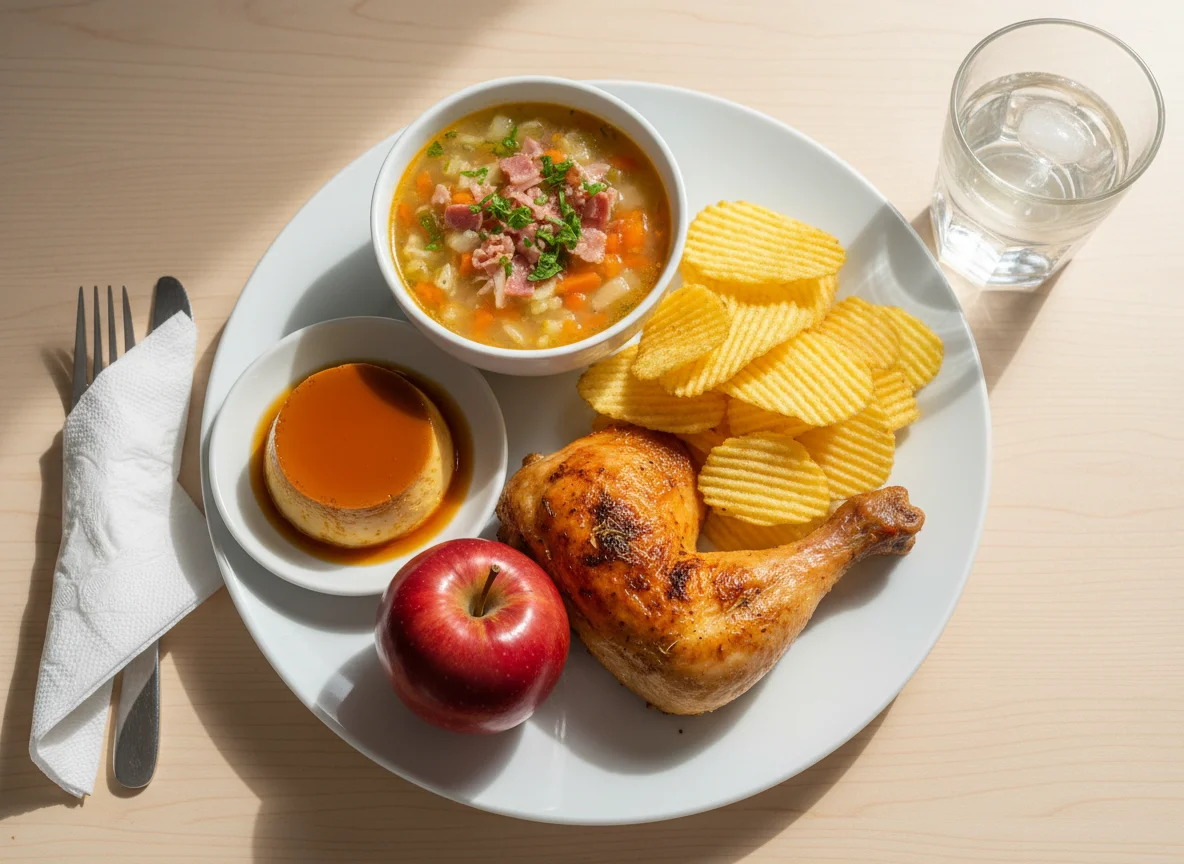 Menú de pollo asado con patatas fritas, sopa, manzana y flan photo