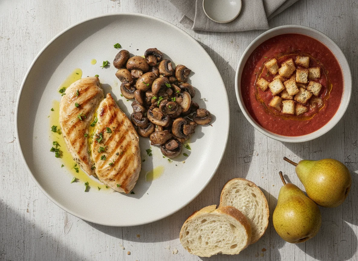 Menú de pollo con champiñones, gazpacho con picatostes, pan y peras photo