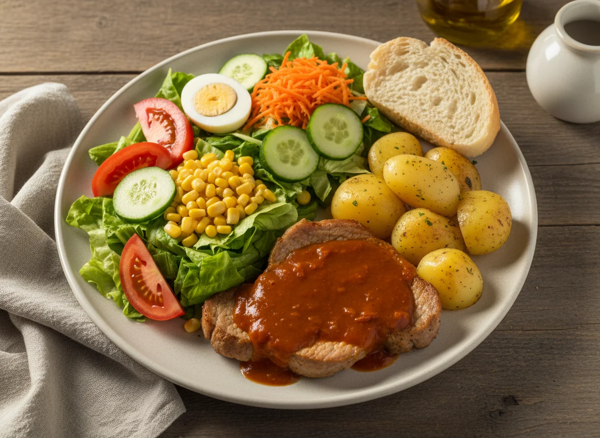 Menú del día con carne, patatas y ensalada photo