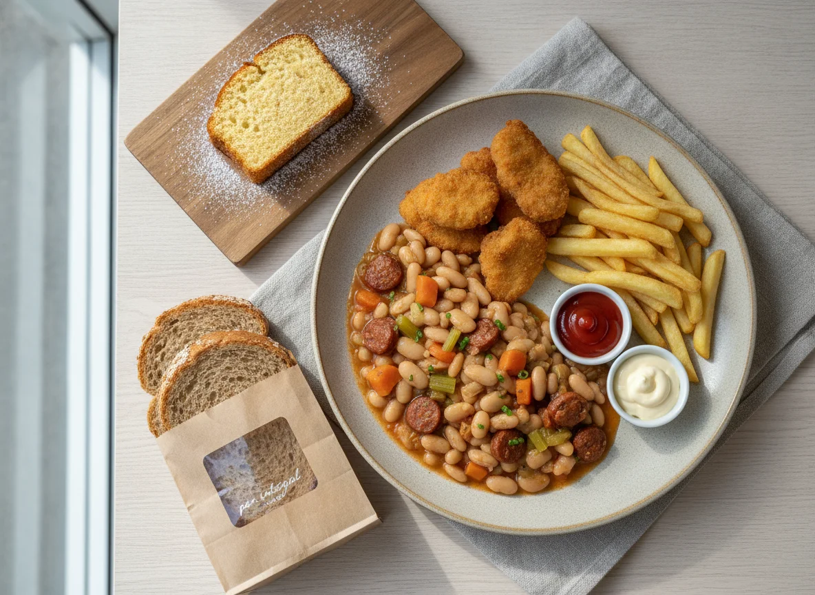 Menú del día con guiso de legumbres y pollo frito con patatas photo