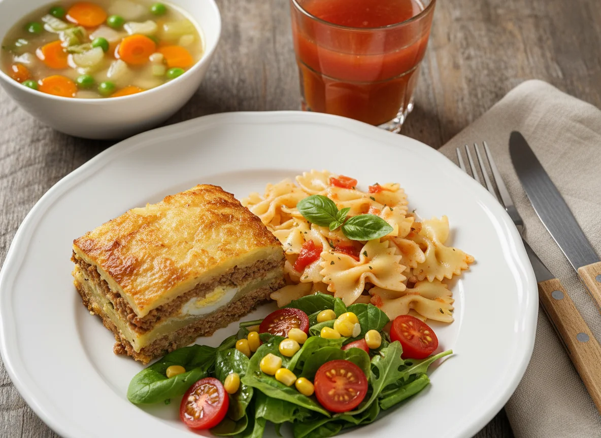 Menú del día con pastel de carne, pasta y ensalada photo