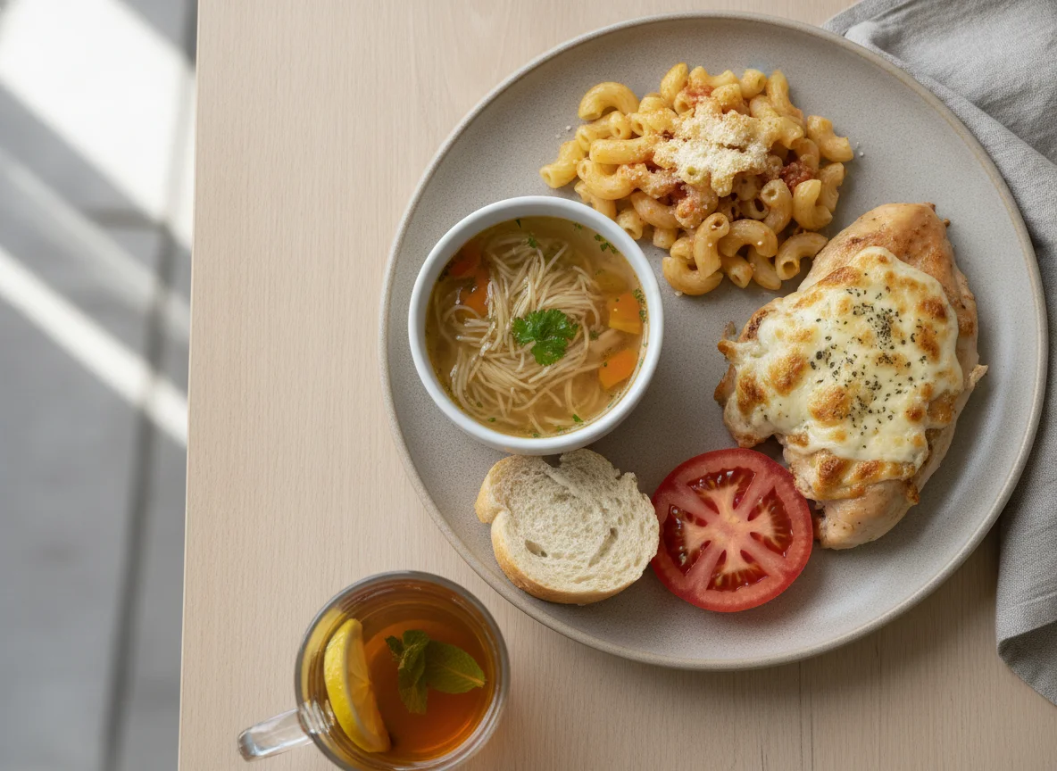 Menú del día con sopa de fideos, pasta y pollo al horno photo