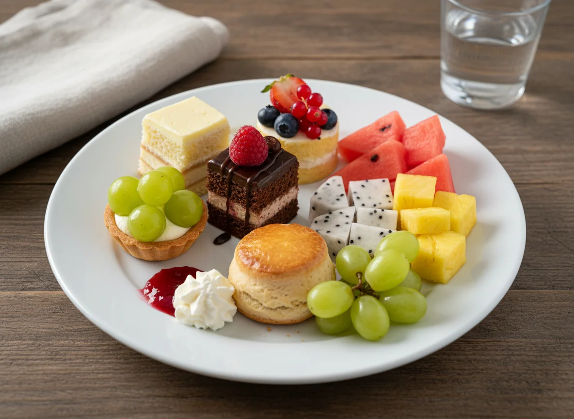 Merienda de la tarde con dulces y frutas photo