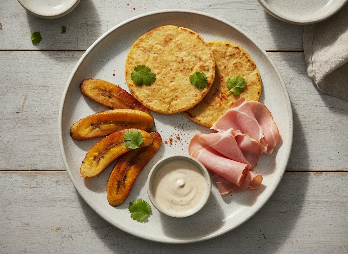 Merienda de plátano, tortitas de maíz y jamón cocido photo
