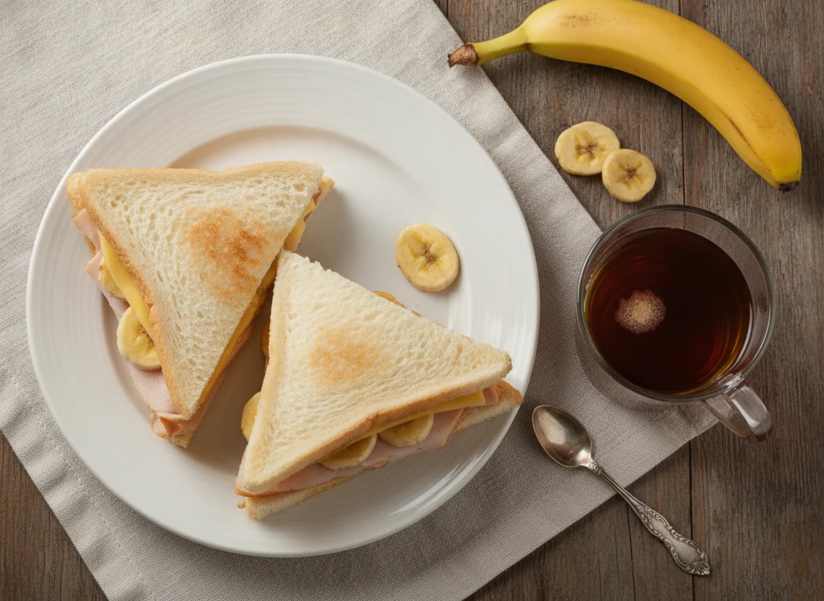 Merienda de sándwiches de pavo, plátano y té photo