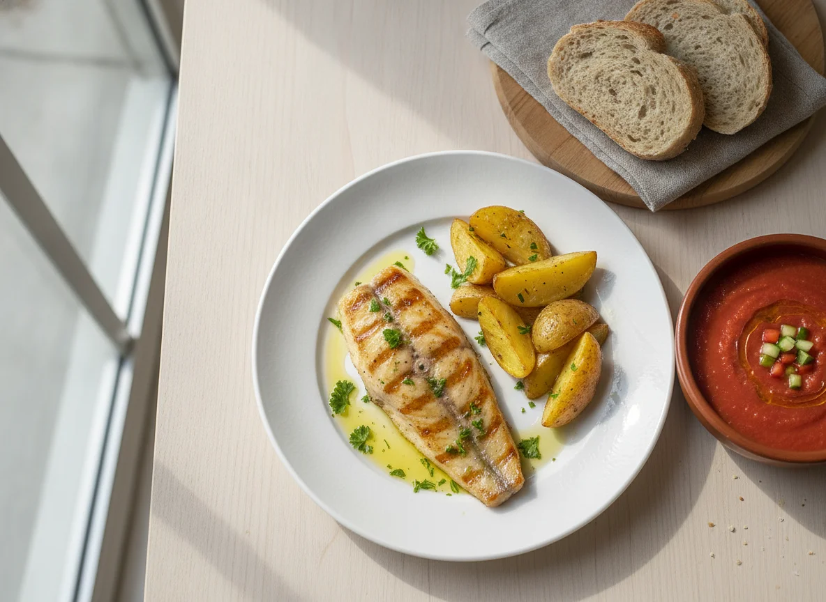 Merluza a la plancha con patatas y gazpacho photo