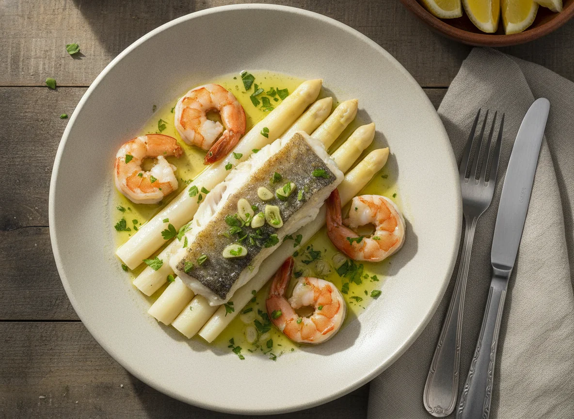 Merluza con gambas y espárragos blancos photo