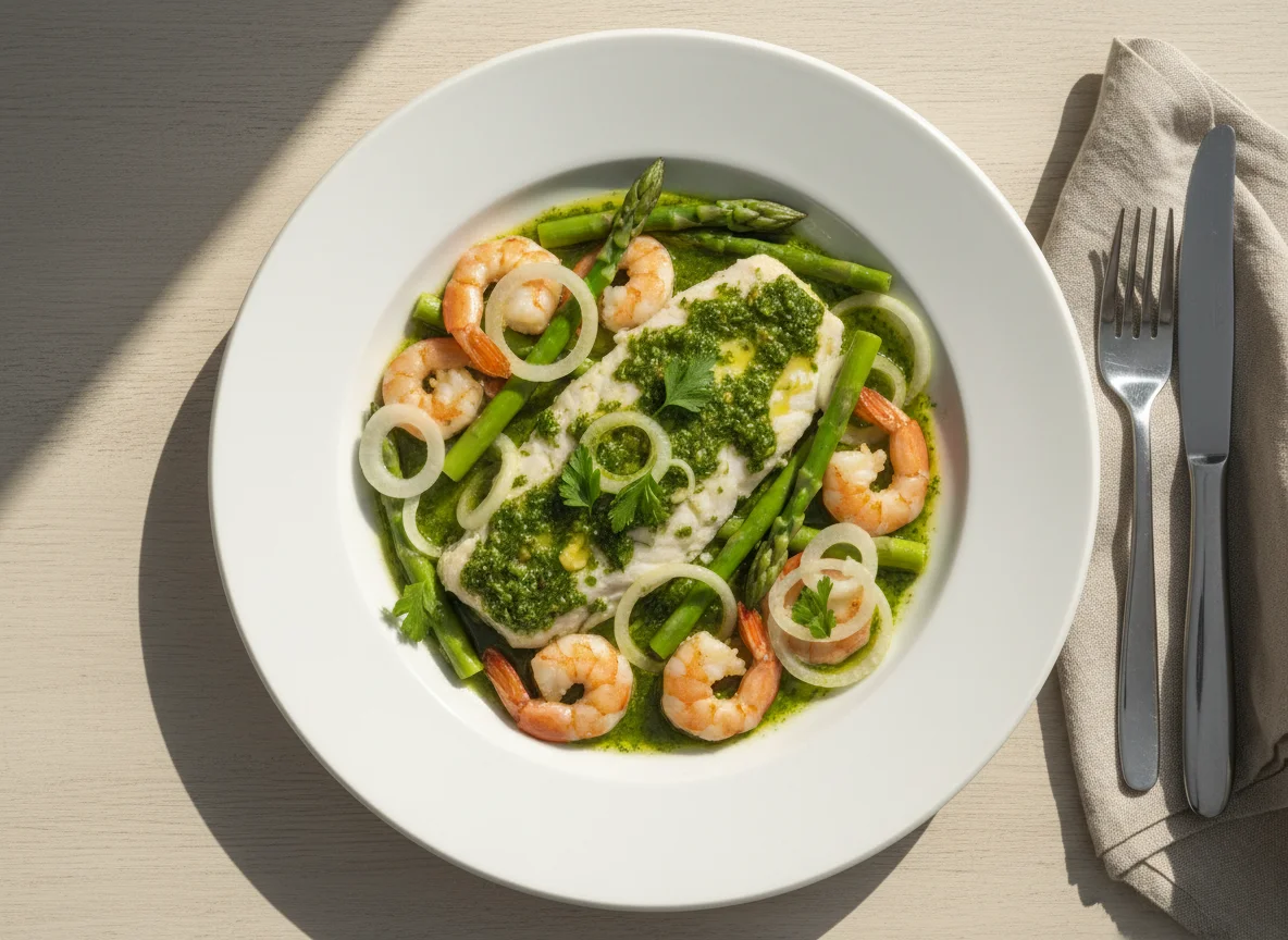 Merluza con gambas y espárragos en salsa verde photo