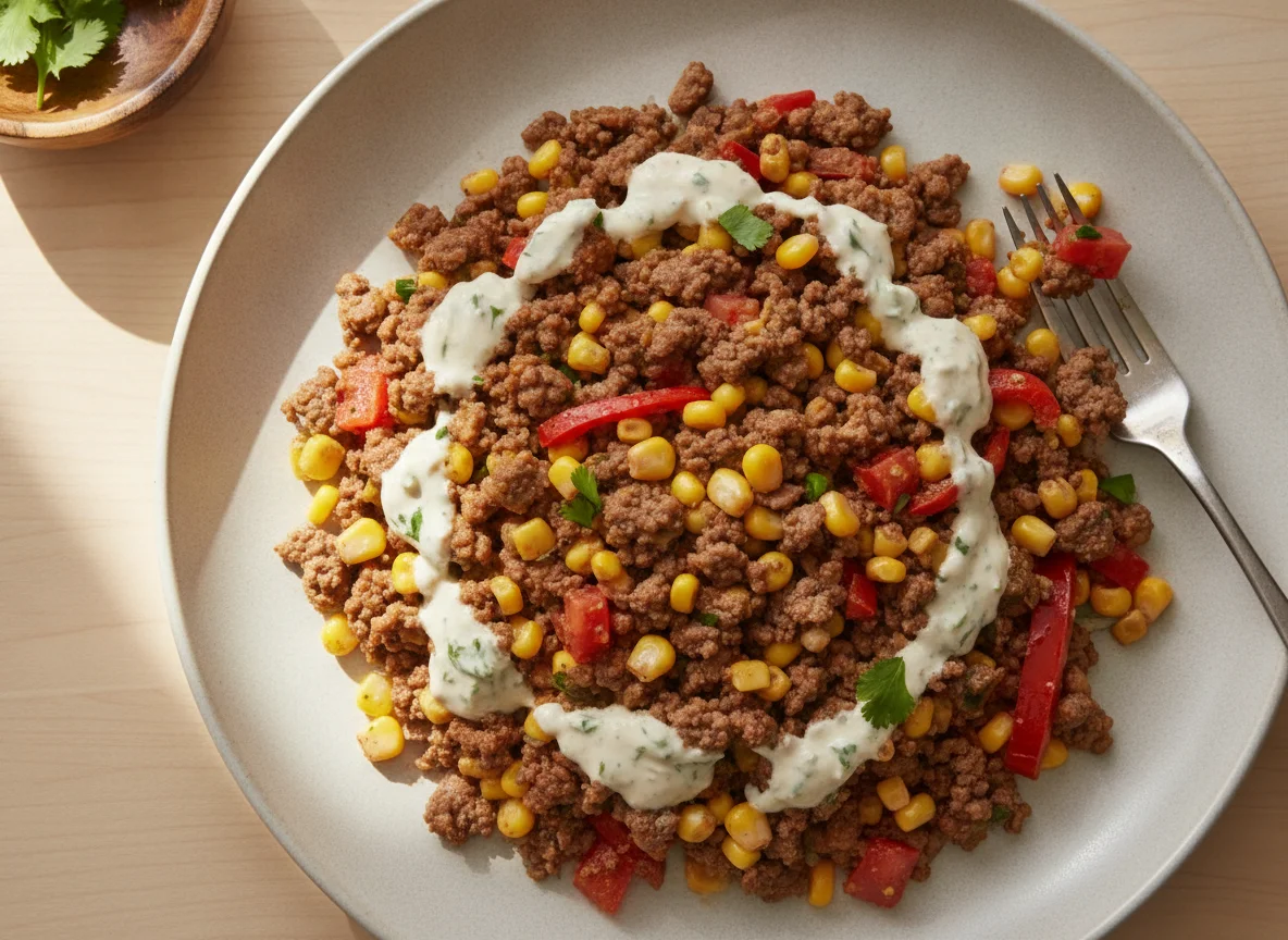 Mezcla de carne molida con maíz y vegetales photo