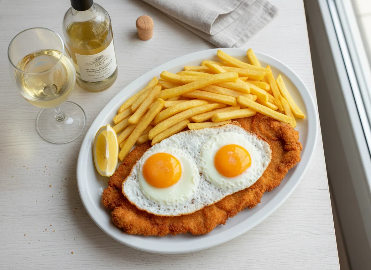 Milanesa a caballo con papas fritas photo