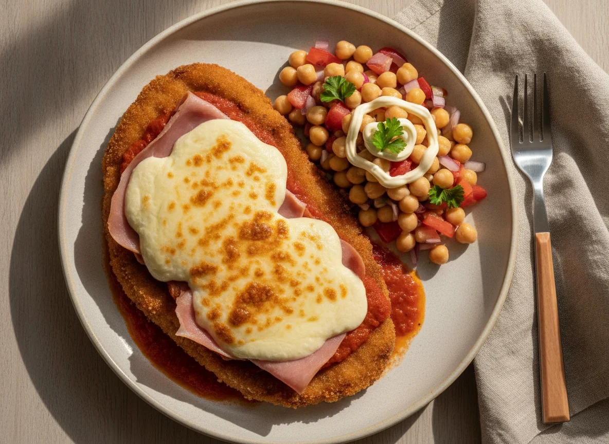 Milanesa a la napolitana con ensalada de garbanzos photo