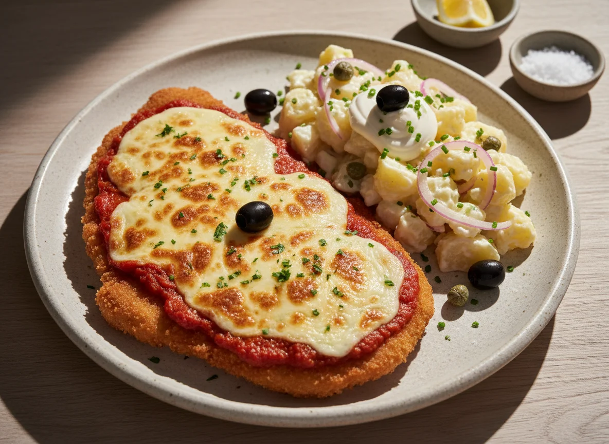 Milanesa a la napolitana con ensalada de papa photo