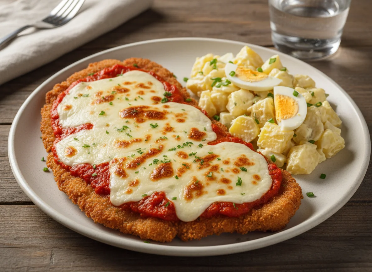 Milanesa a la napolitana con ensalada de papa y huevo photo