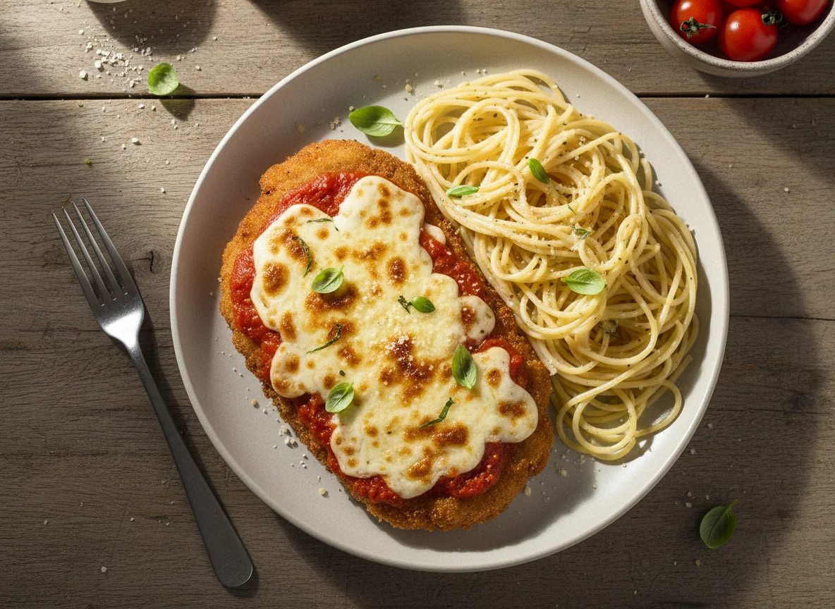 Milanesa a la napolitana con fideos photo