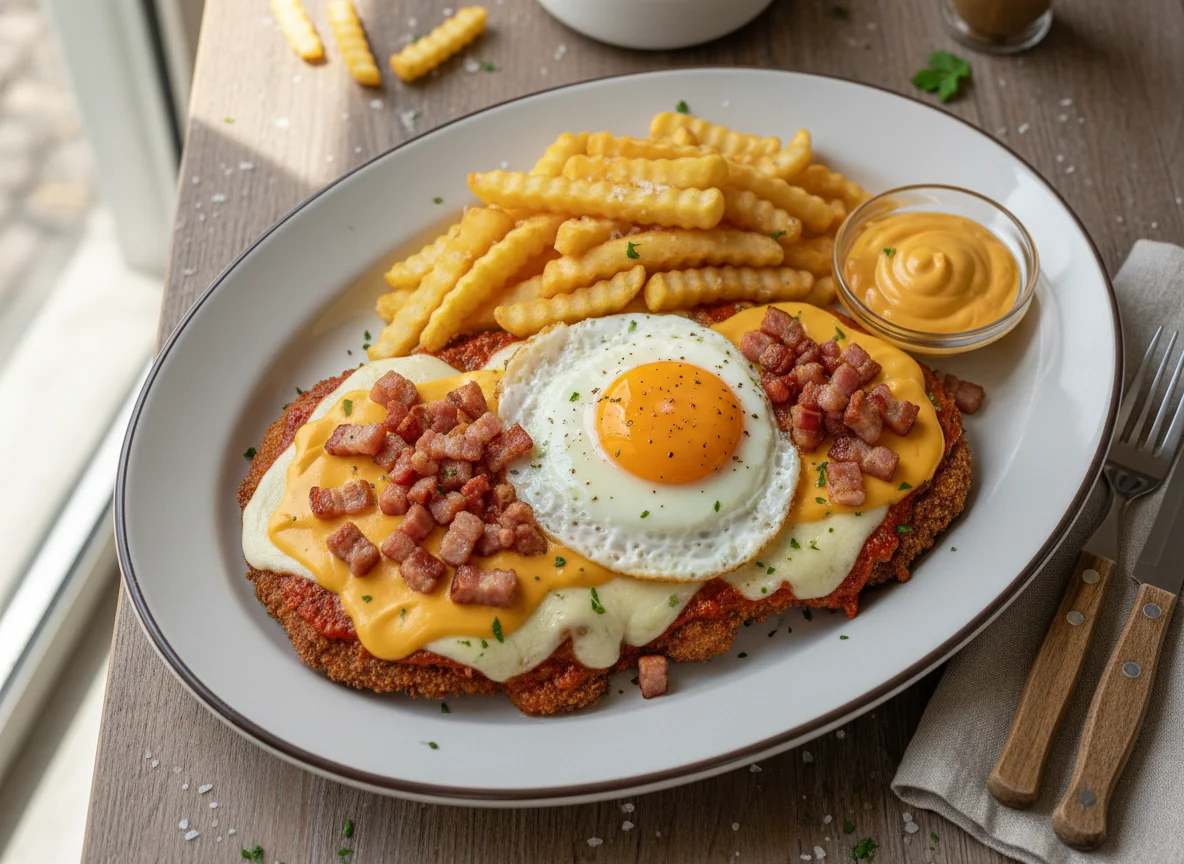 Milanesa a la napolitana con papas fritas, queso cheddar, panceta y huevo frito photo