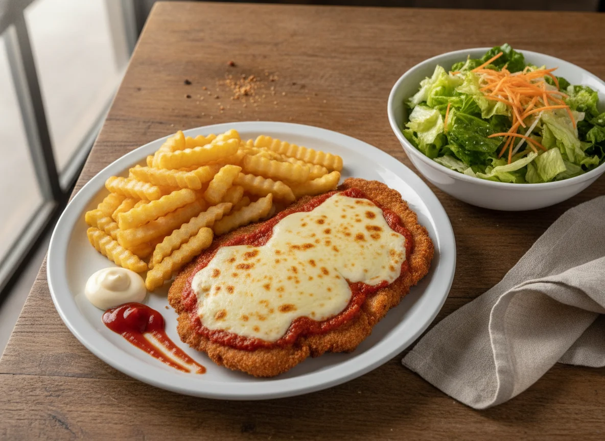 Milanesa a la napolitana con papas fritas y ensalada photo