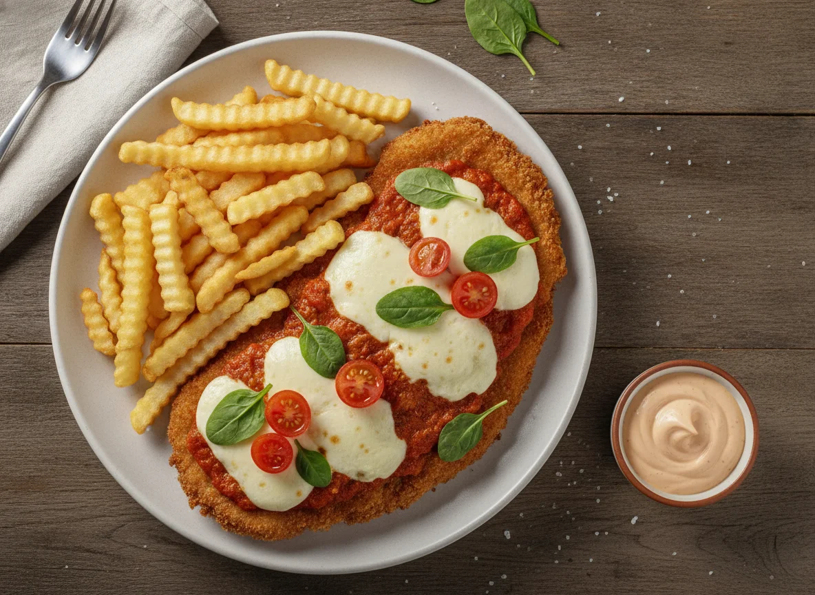 Milanesa a la napolitana con papas fritas y salsa golf photo