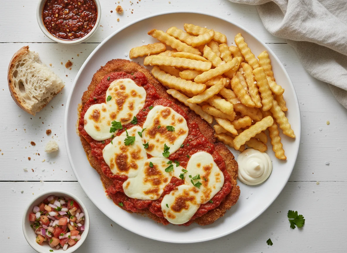 Milanesa a la napolitana con papas fritas photo