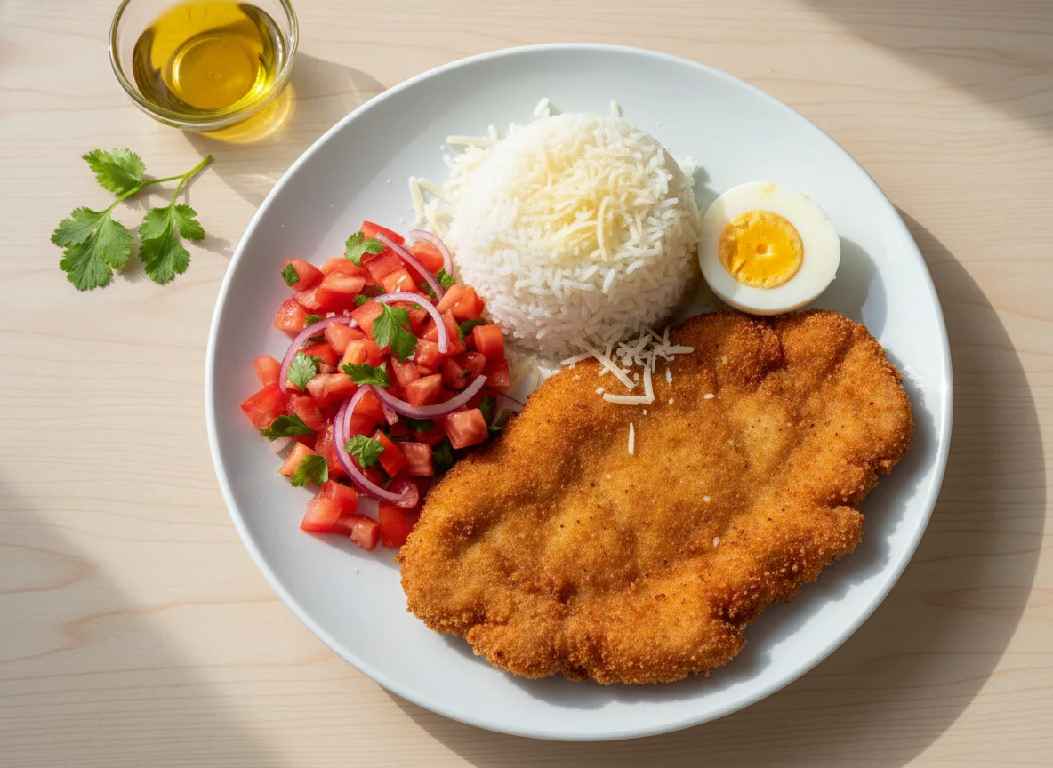 Milanesa con arroz, huevo y ensalada photo