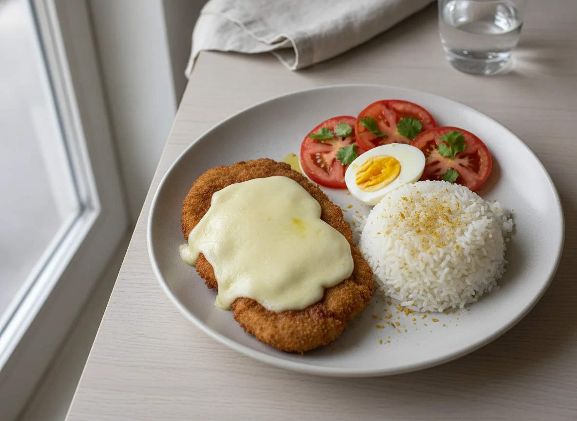 Milanesa con arroz, huevo y ensalada de tomate photo