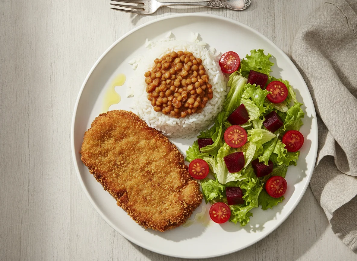 Milanesa con arroz, lentejas y ensalada mixta photo