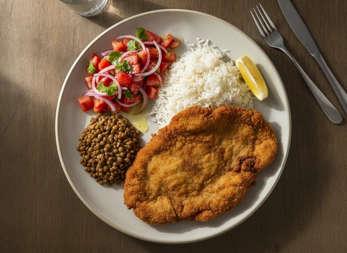 Milanesa con arroz y ensalada de tomate photo