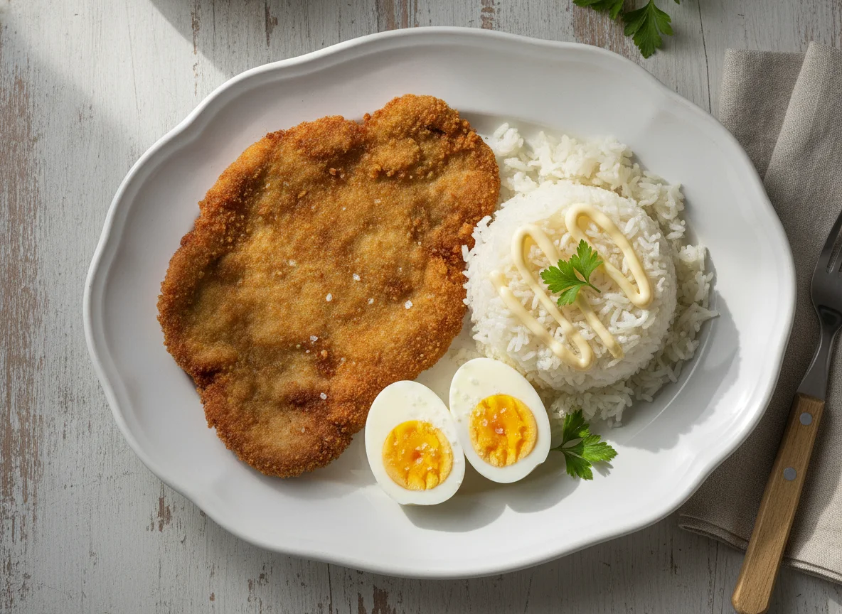 Milanesa con arroz y huevo photo