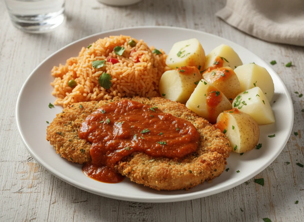 Milanesa con arroz y papas photo
