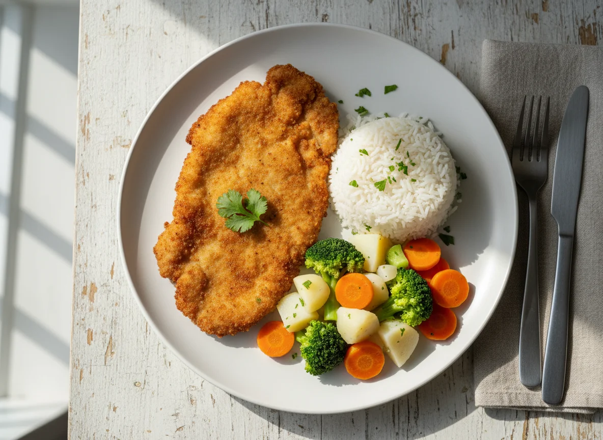 Milanesa con arroz y vegetales photo