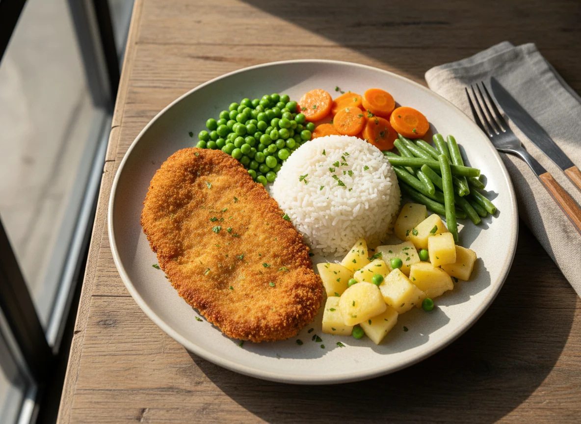Milanesa con arroz y verduras photo