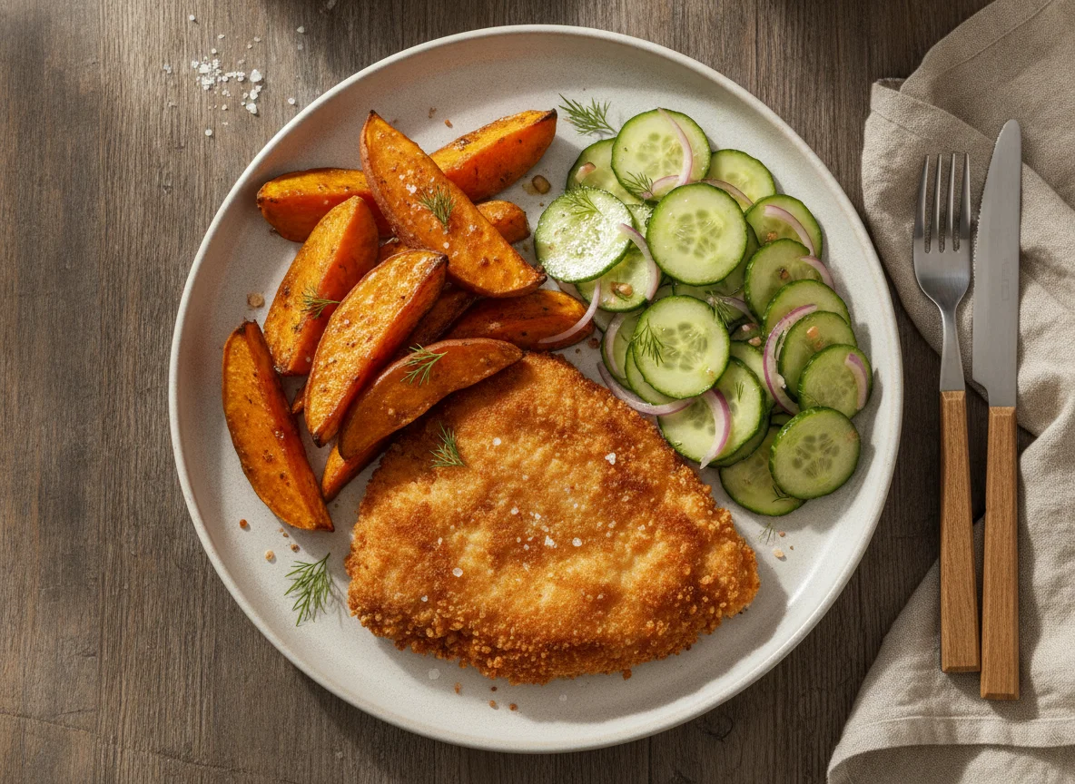 Milanesa con batata y ensalada de pepino photo
