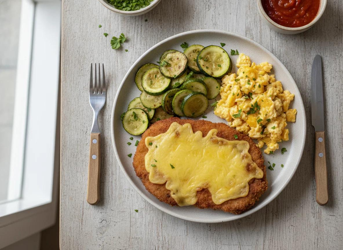 Milanesa con calabacín y huevo revuelto photo