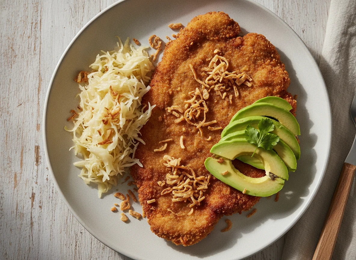 Milanesa con chucrut y aguacate photo