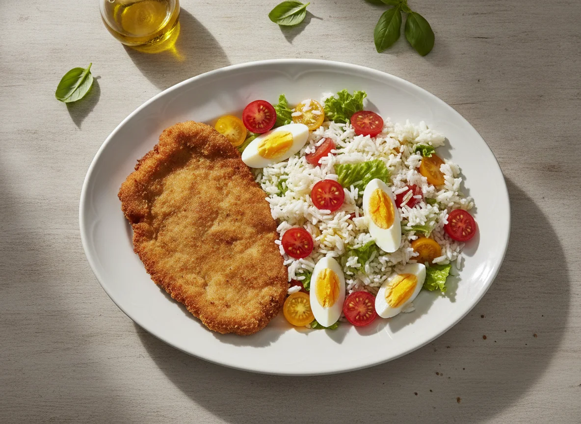 Milanesa con ensalada de arroz, huevo y tomate photo