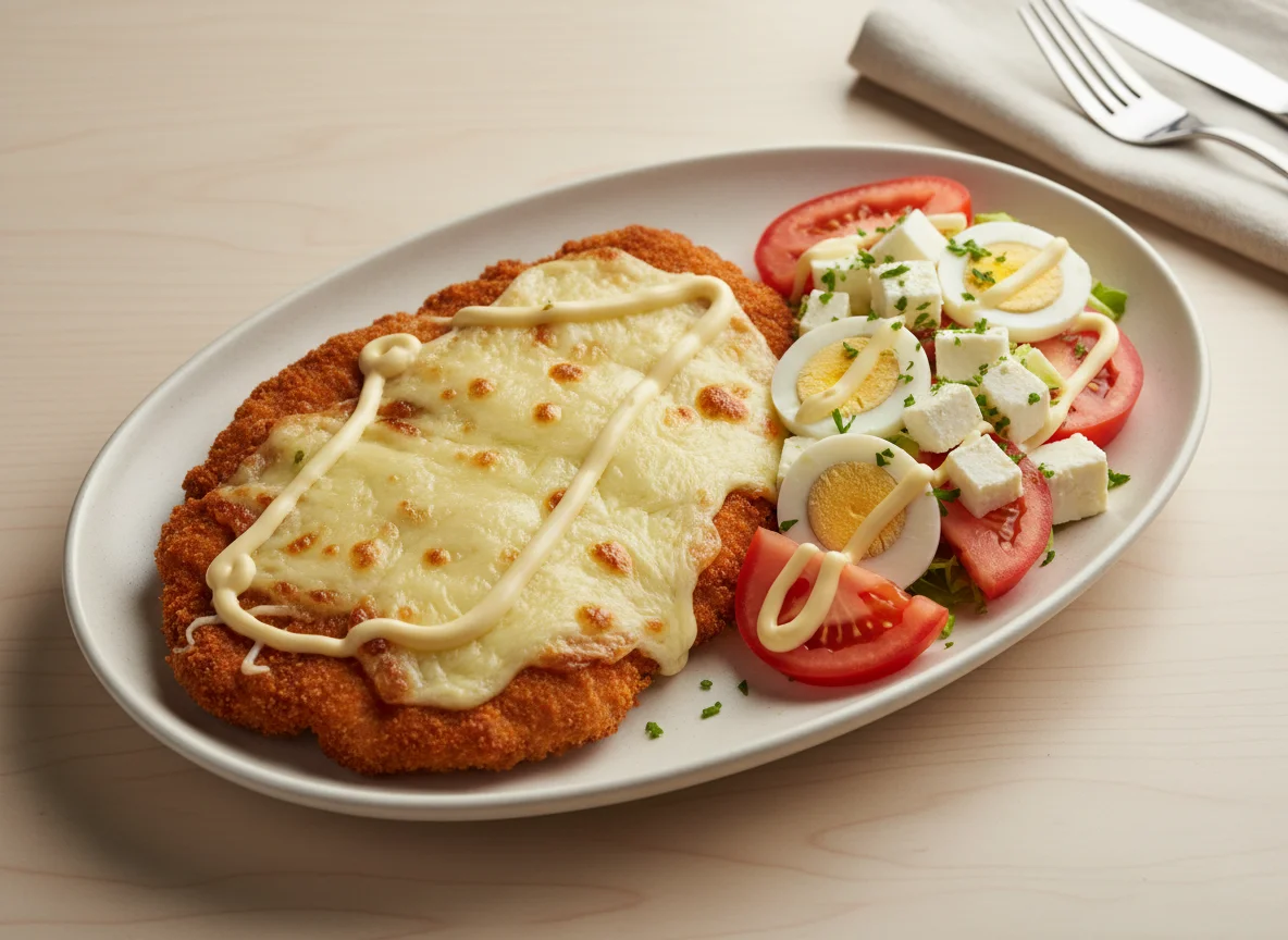 Milanesa con ensalada de huevo, tomate y queso photo