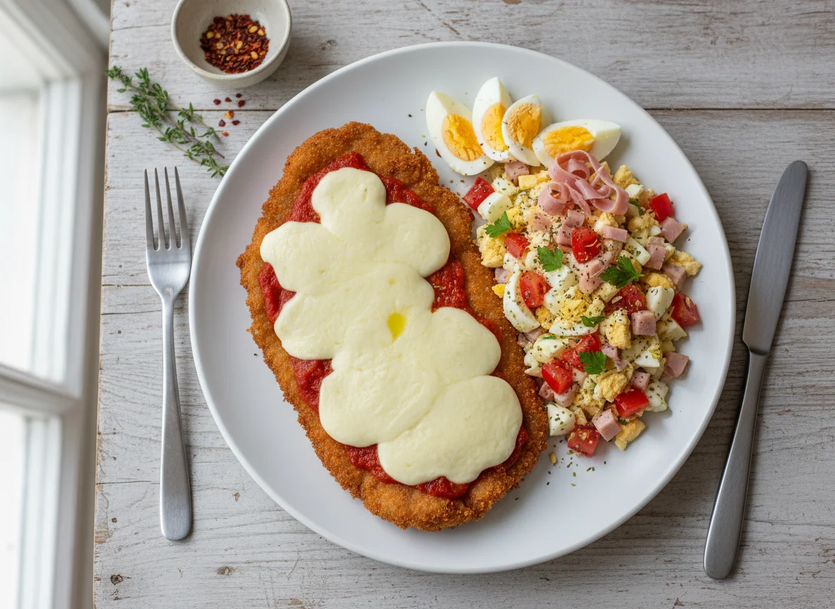 Milanesa con ensalada de huevo y jamón photo