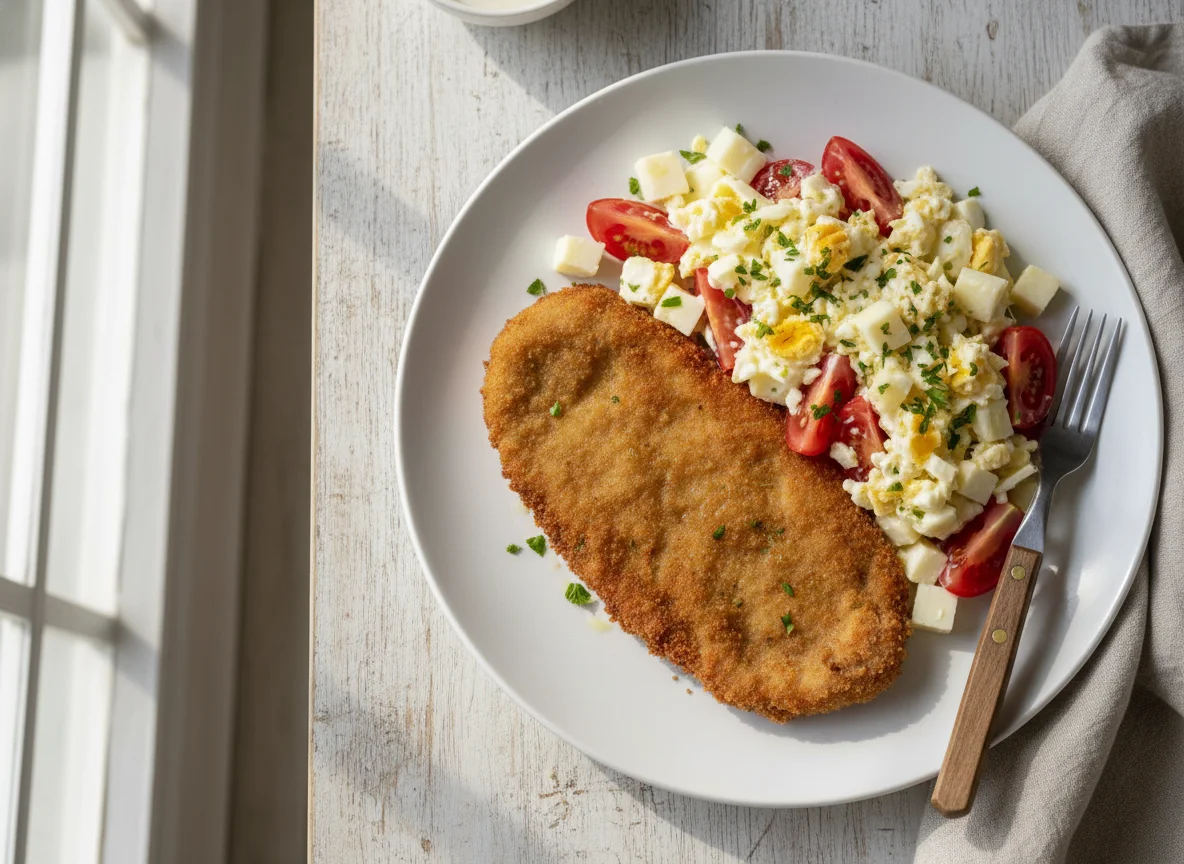 Milanesa con ensalada de huevo y tomate photo