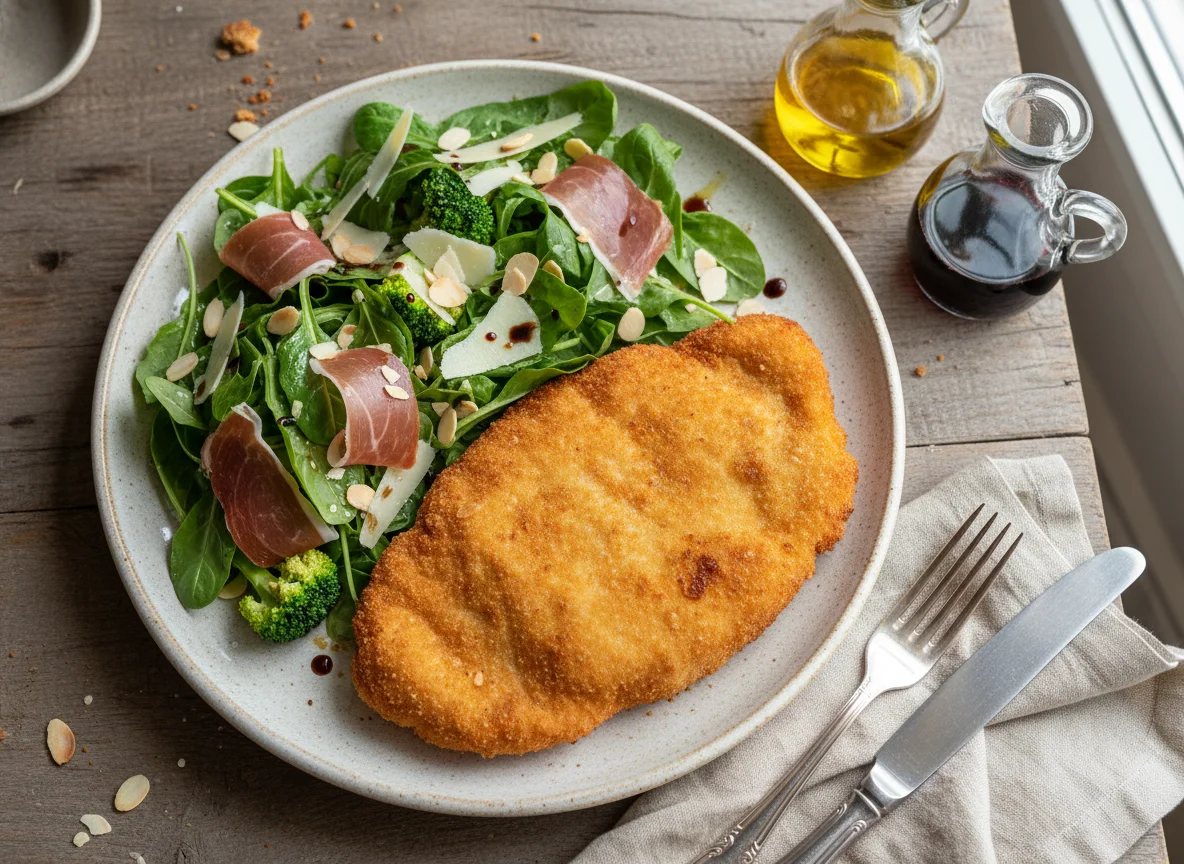 Milanesa con ensalada de jamón serrano, queso y almendras photo
