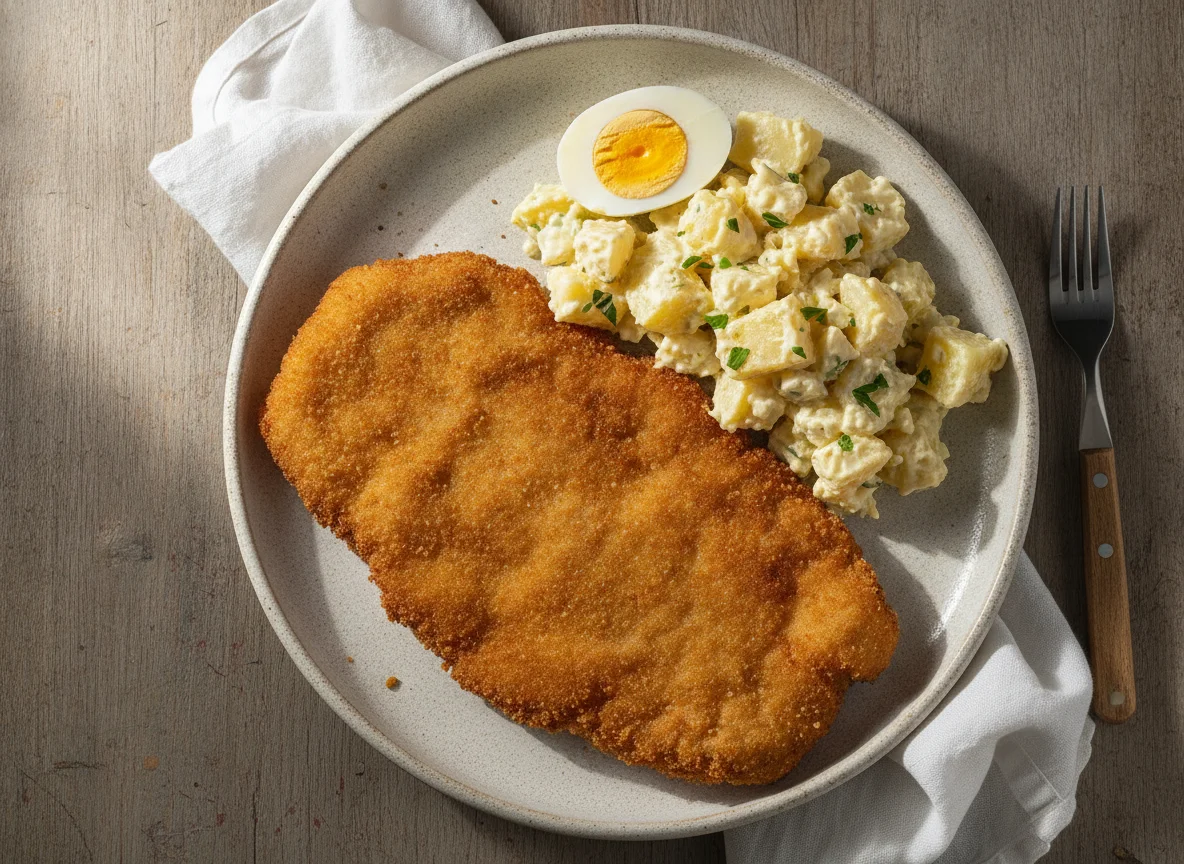 Milanesa con ensalada de papa y huevo photo