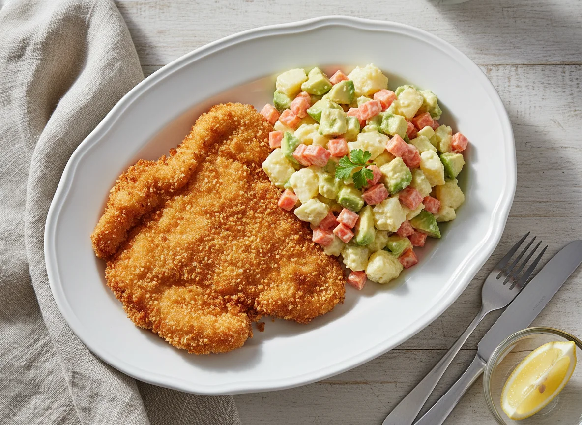 Milanesa con ensalada de papa, zanahoria y palta photo