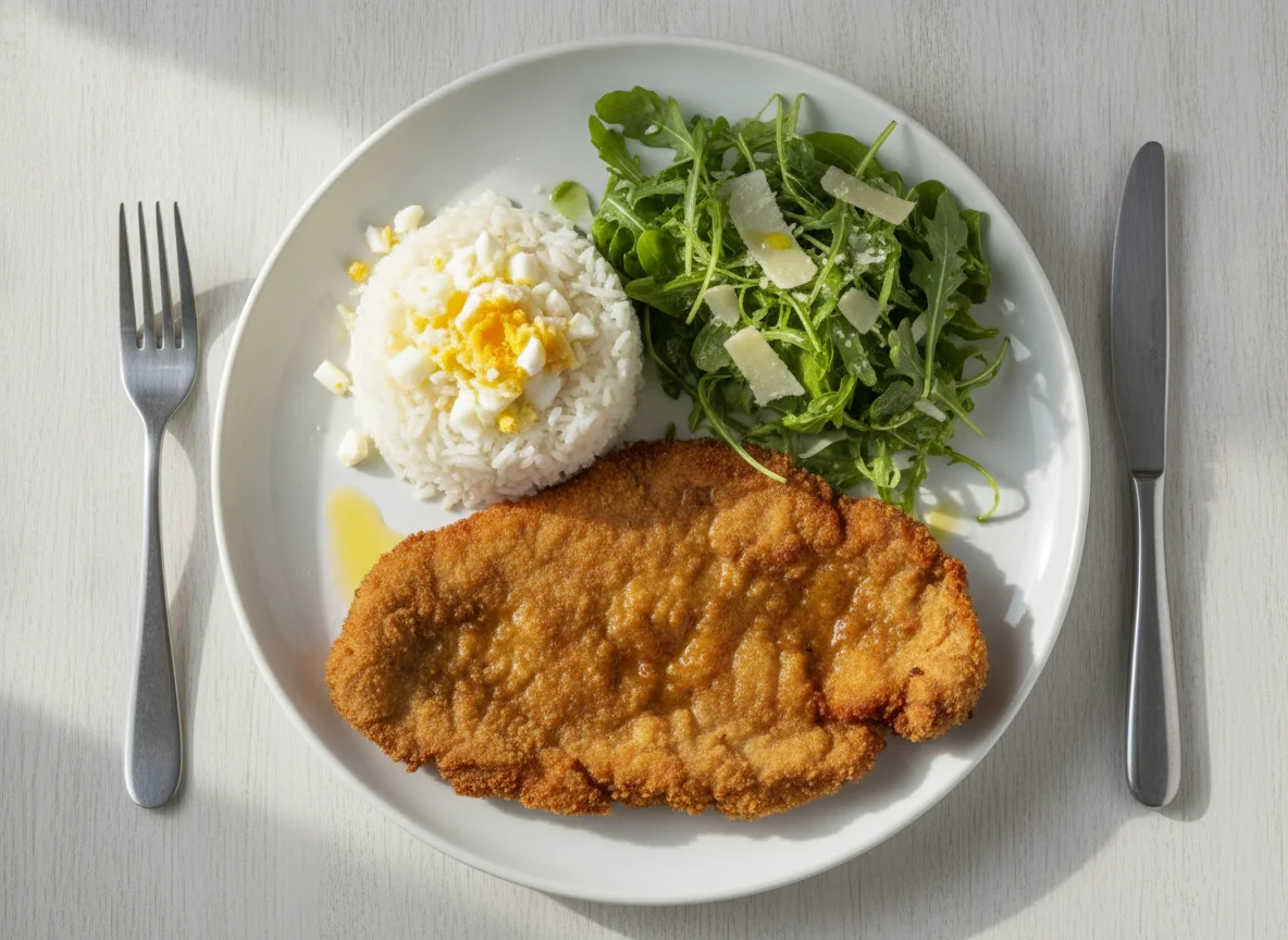 Milanesa con ensalada de rúcula y arroz con huevo photo