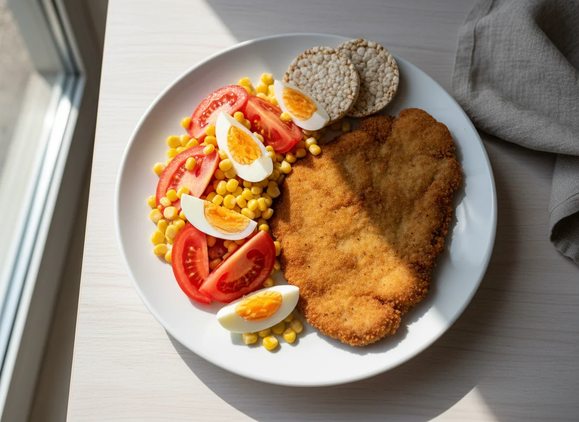 Milanesa con ensalada de tomate, maíz y huevo photo