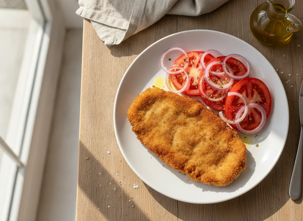 Milanesa con ensalada de tomate y cebolla photo